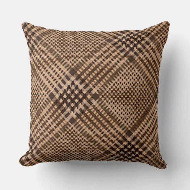 Brown Houndstooth Scottish Check Plaid Pattern Throw Pillow (Front)