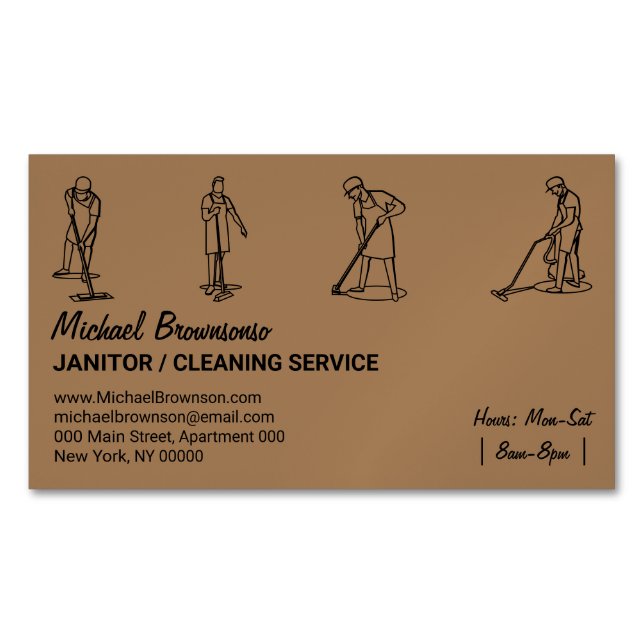 Brown House Cleaning Professional Men Janitorial Magnetic Business Card (Front)
