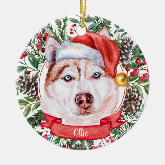 Brown Husky Dog Custom Christmas Santa Ornament (Front)