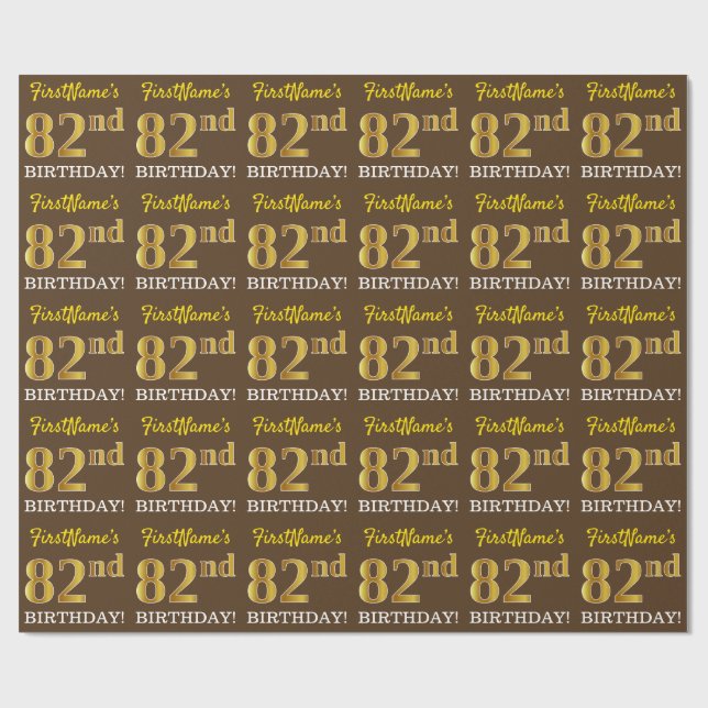 Brown, Imitation Gold Look "82nd BIRTHDAY" Wrapping Paper (Flat)