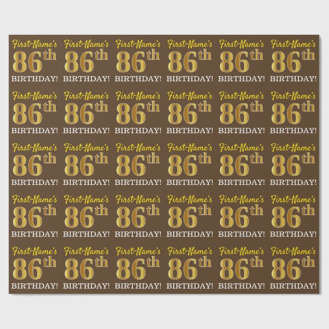 Brown, Imitation Gold Look "86th BIRTHDAY" Wrapping Paper (Flat)