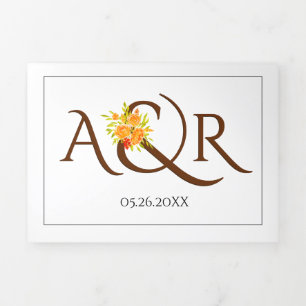 Brown initials ampersand orange roses fall wedding Tri-Fold invitation