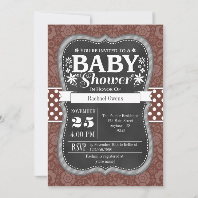 Brown Invitation Baby shower Floral Chalkboard (Devant)