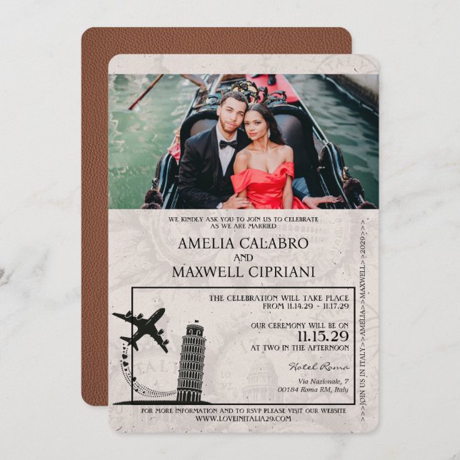 Brown Italy Passport Wedding Invitation (Front/Back)