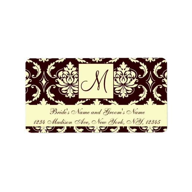 Brown Ivory Damask Monogram Wedding Address Labels (Front)