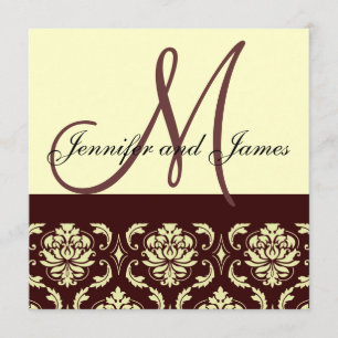 Brown Ivory Damask  Monogram Wedding Invitation