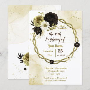 brown ivory gold floral wreath birthday party invitation