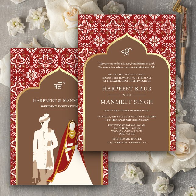 Brown Ivory Red Pattern Anand Karaj Sikh Wedding Invitation (Creator Uploaded)