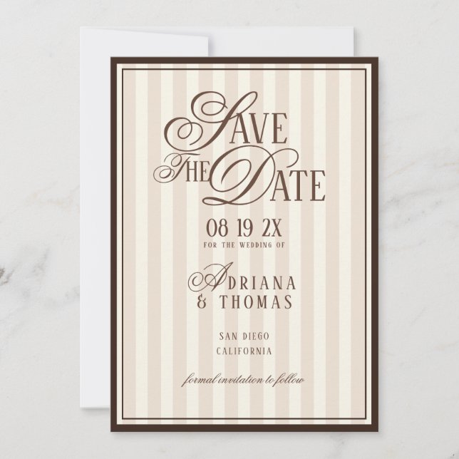 Brown Ivory Striped Old Money Calligraphy Wedding Save The Date (Front)