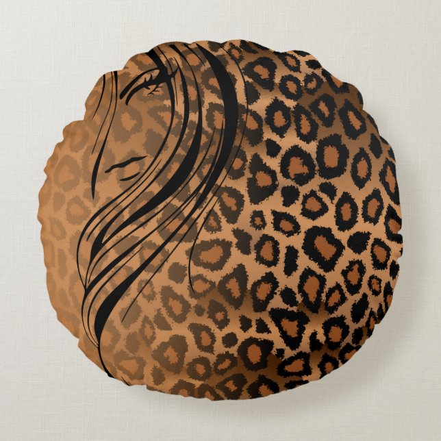 Brown Jaguar Gradient Animal Print with Girl Round Pillow (Front)
