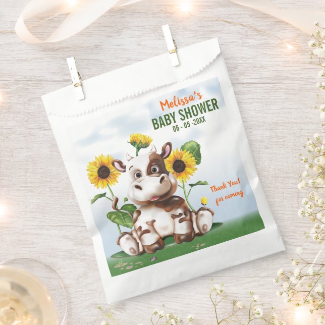 Brown Jersey Cow Sunflower Baby Shower Favour Bag (Clipped)