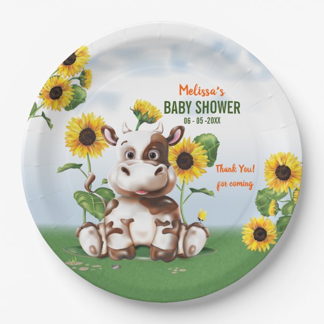 Brown Jersey Cow Sunflower Baby Shower Paper Plate (Front)