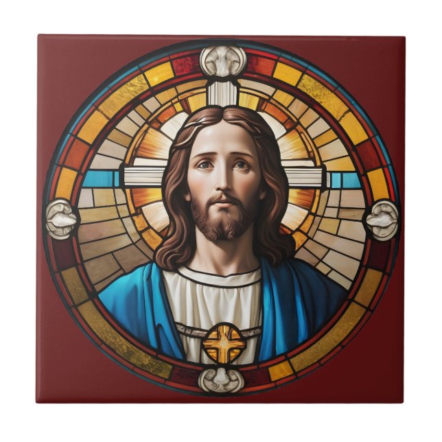 Brown Jesus Christ Circular Faux Stained Glass Tile (Front)