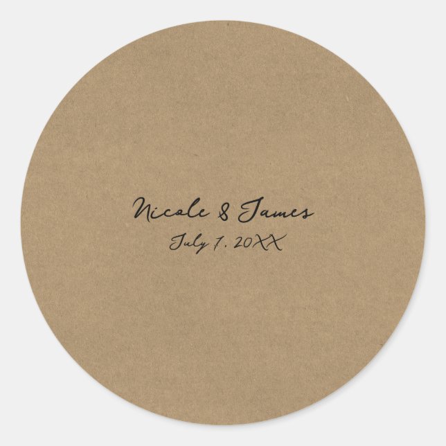 Brown Kraft Minimal Modern Wedding Classic Round Sticker (Front)