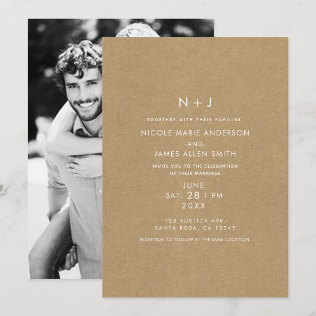 Brown Kraft Rustic Minimal Modern Photo Wedding Invitation (Front/Back)