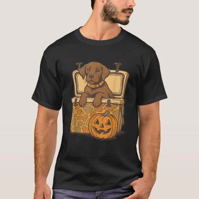 Brown Lab Dog in Camo Cooler Pumpkin Halloween Fal T-Shirt (Front)