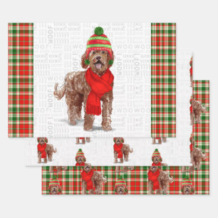 Brown Labradoodle Christmas Dog and Holiday Plaid Wrapping Paper Sheet