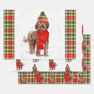 Brown Labradoodle Christmas Dog and Holiday Plaid Wrapping Paper Sheet