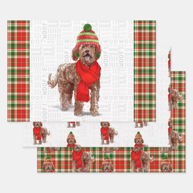 Brown Labradoodle Christmas Dog and Holiday Plaid Wrapping Paper Sheet (Set)