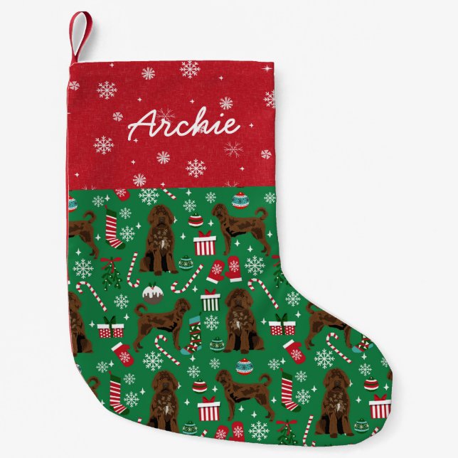 Brown Labradoodle Dog Christmas custom name Small Christmas Stocking (Front)