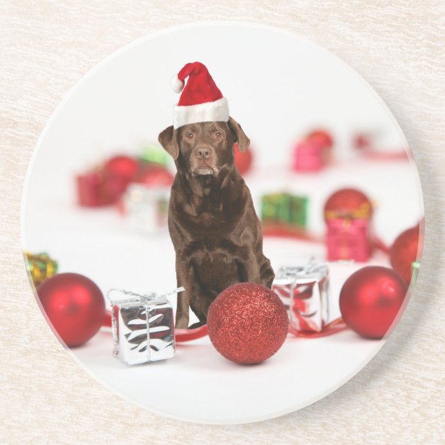 Brown Labrador Dog Christmas w Gifts Santa Hat Coaster (Front)