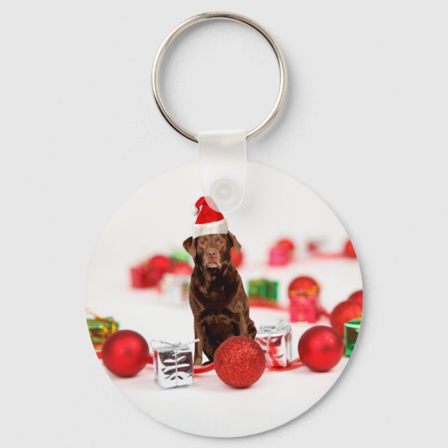Brown Labrador Dog Christmas w Gifts Santa Hat Keychain (Front)
