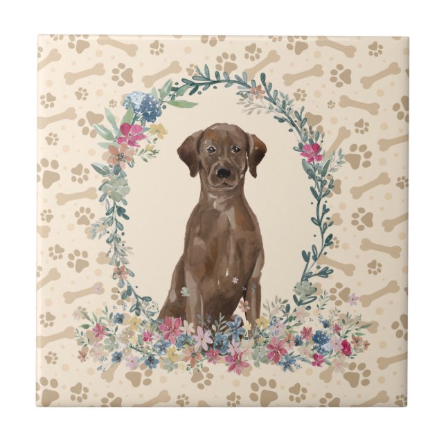Brown Labrador retriever Dog Paw Print Floral Cute Tile (Front)