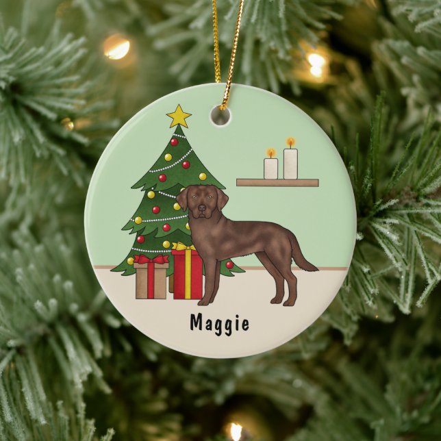 Brown Labrador Retriever Dog With Christmas Tree Ceramic Ornament (Tree)