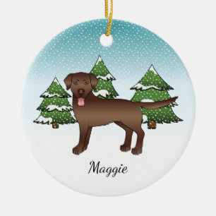 Brown Labrador Retriever In A Winter Forest & Name Ceramic Ornament