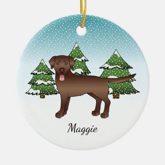 Brown Labrador Retriever In A Winter Forest & Name Ceramic Ornament (Front)
