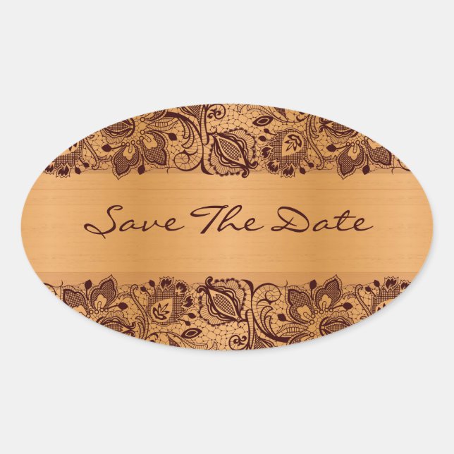 Brown Lace Blonde Wood Grain Save The Date Oval Sticker (Front)