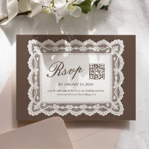 Brown Lace Wedding RSVP Card Qr Code