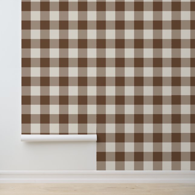 Brown Large Chequered Gingham Wallpaper (Application)