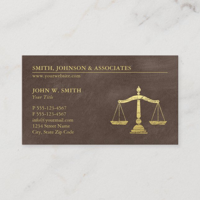Brown Lawyer Scales of Justice Gold effect Canvas Business Card (Front)