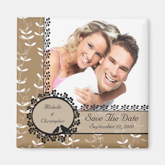 Brown leaf Love Birds Photo Save The Date Magnet (Front)