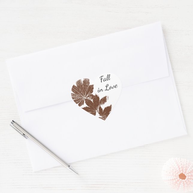Brown Leaf Stamp Fall in Love Wedding Heart Sticker (Envelope)