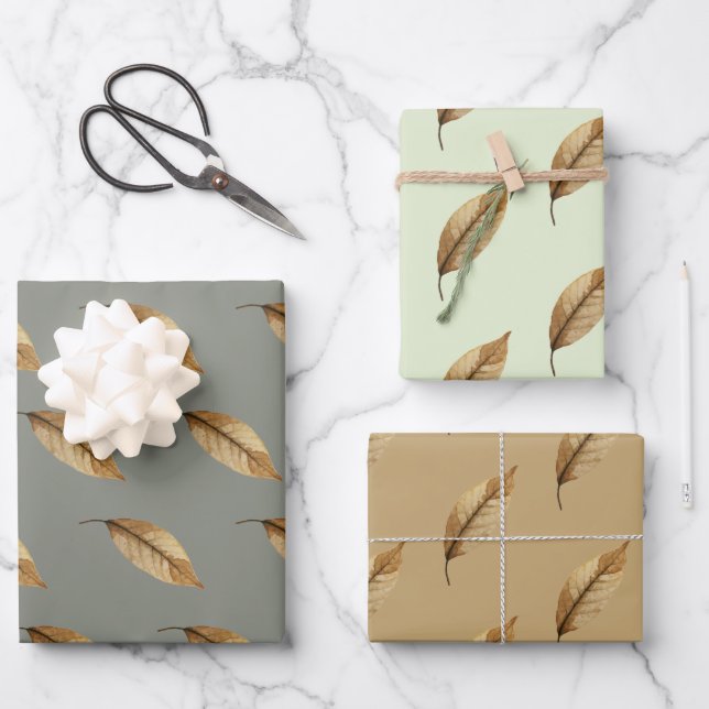 Brown Leaf Wrapping Paper Flat Sheet Set of 3. (Front)