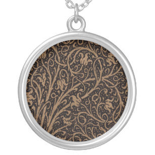 Brown Leather Art Nouveau Floral Silver Plated Necklace