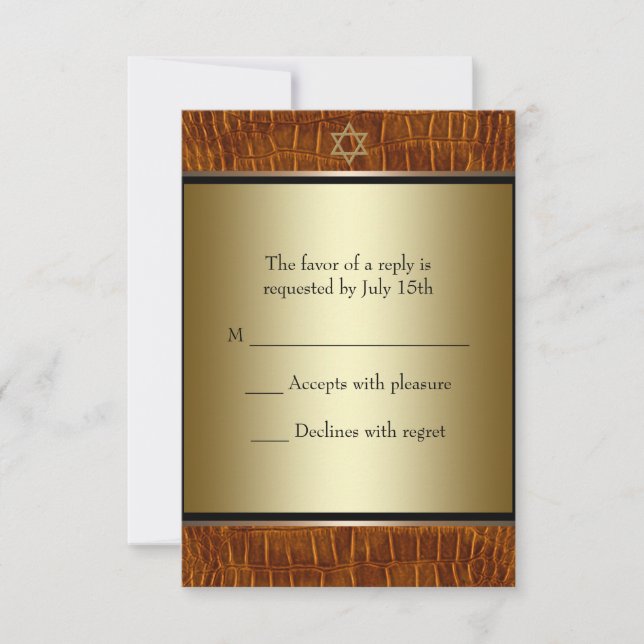 Brown Leather Black Bar Mitzvah RSVP Card (Front)