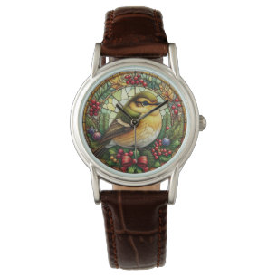 Brown Leather Christmas Stained Glass Bird   Watch
