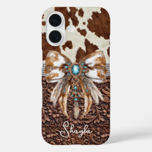 Brown Leather Cowhide Jewelled Bow Monogrammed iPhone 16 Case