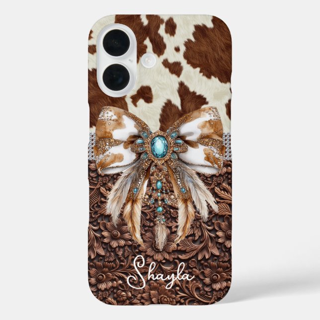 Brown Leather Cowhide Jewelled Bow Monogrammed Case-Mate iPhone Case (Back)