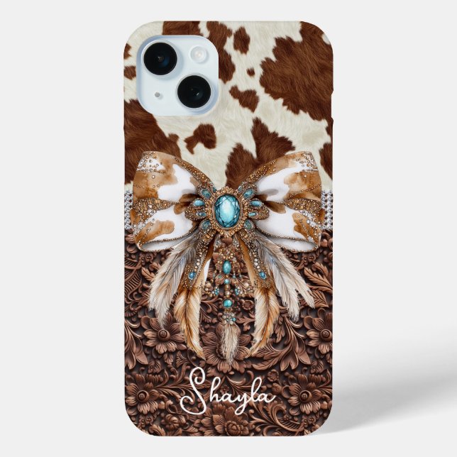 Brown Leather Cowhide Jewelled Bow Monogrammed Case-Mate iPhone Case (Back)