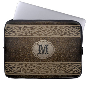 Brown Leather. Custom Monogram Laptop Sleeve