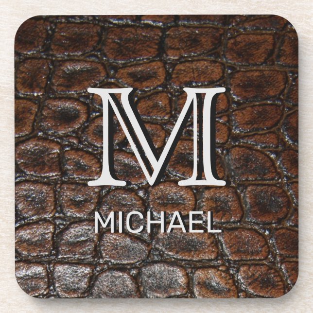 Brown Leather Custom Monogrammed and Named Coaster (Front)