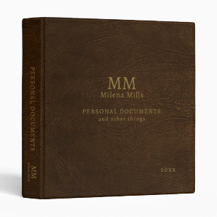 Brown Leather Elegantly Monogrammed Documents Binder