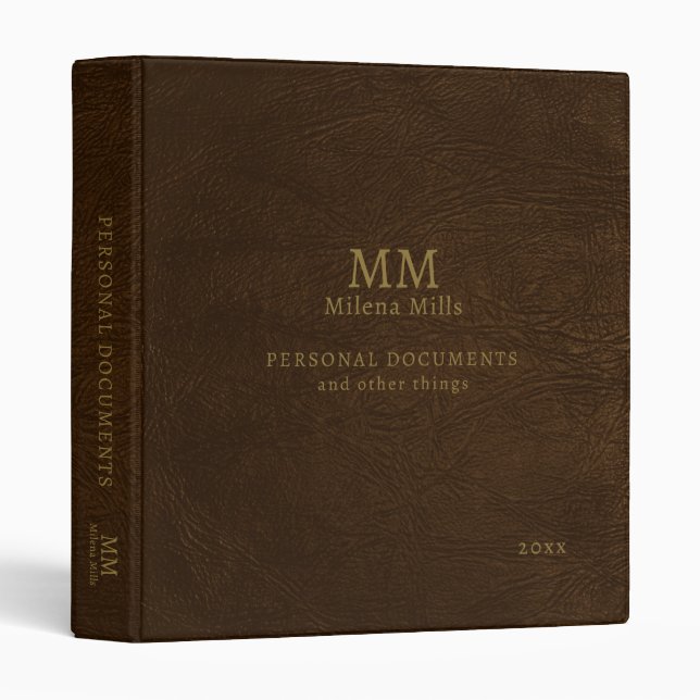 Brown Leather Elegantly Monogrammed Documents Binder (Front/Spine)
