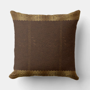 Brown Leather & Gold Geometric Border Throw Pillow