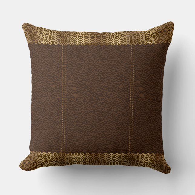 Brown Leather & Gold Geometric Border Throw Pillow (Front)