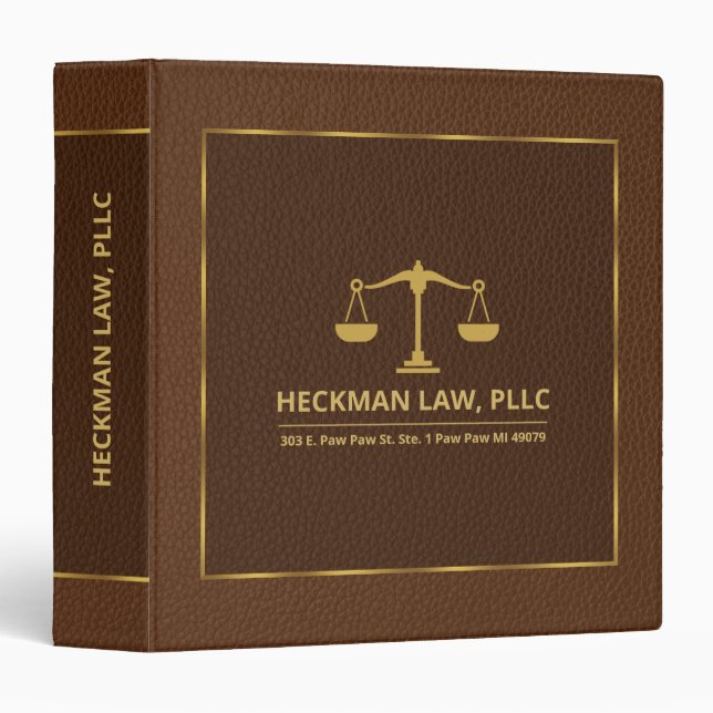 Brown Leather Gold Justice Scale Simple Frame Binder (Front/Spine)